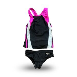 Speedo Girls' Two-Piece Tankini Swimsuit Thick Strap Black & Pink Size 4